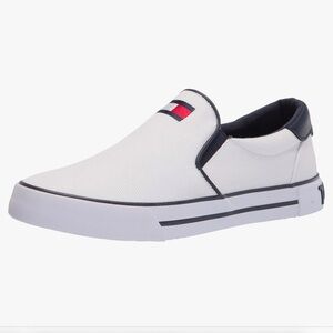 NWOT~Tommy Hilfiger white canvas slip on, athletic shoes with navy piping